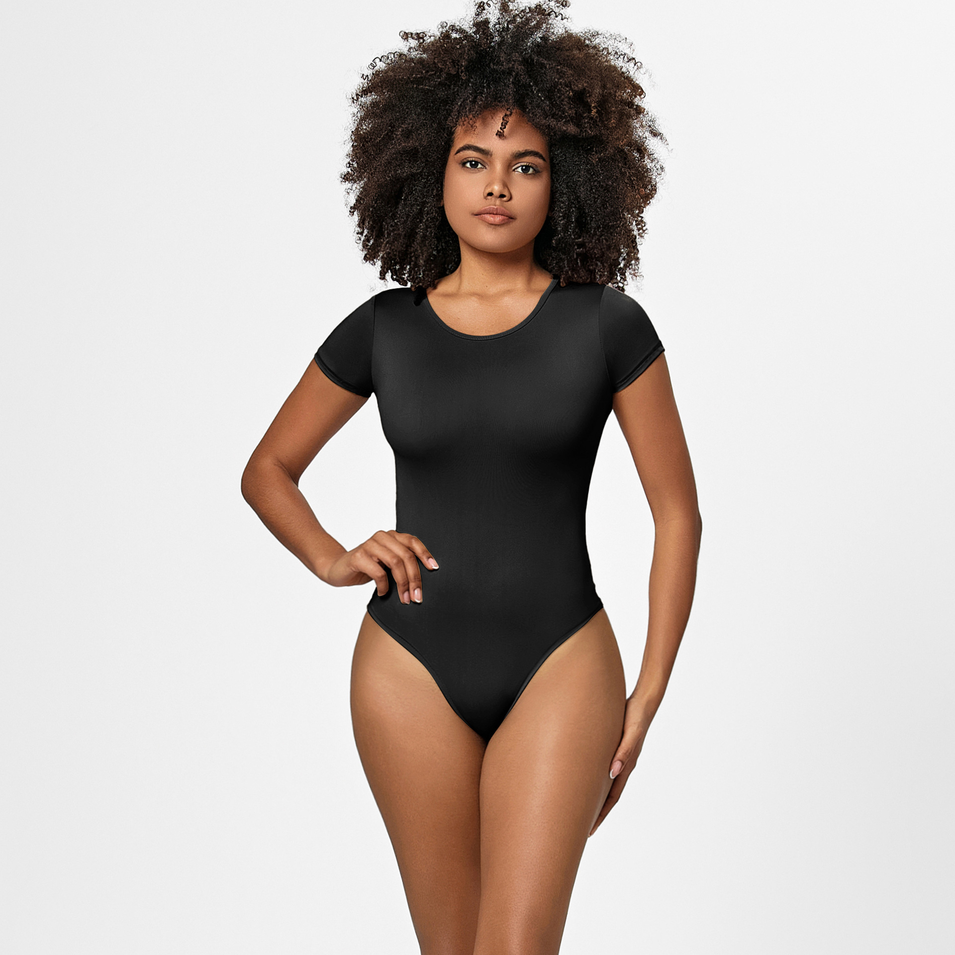 Womens Seamless Short Sleeve Bodysuit - Round Neck Thong Body Shaper